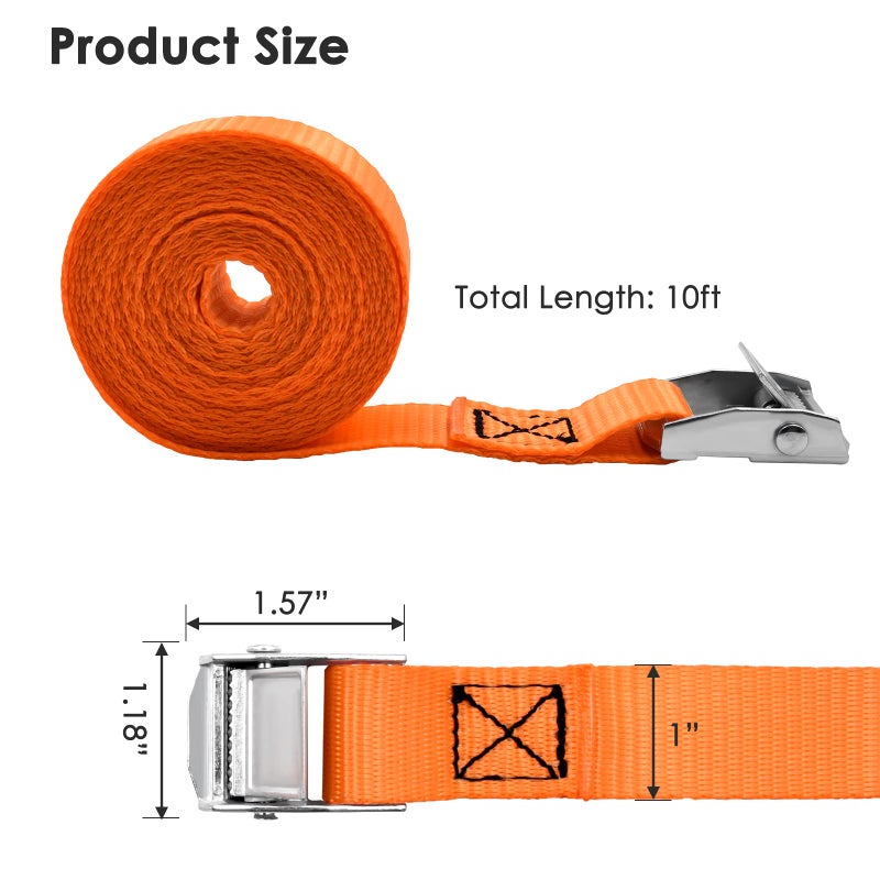 أسيلاين Acelane Lashing Straps 10' x 1'' Cam Buckle Tie Down Straps شديدة التحمل تصل إلى 800 رطل للبضائع والأمتعة والدراجات النارية وقوارب الكاياك وألواح ركوب الأمواج والأثاث والأجهزة المتحركة (4 قطع باللون الأسود والبرتقالي) - Image 4